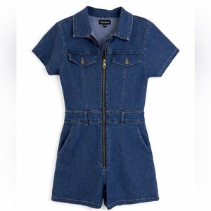 Bebe Denim Romper Medium Zip Front Structured Jean Playsuit Y2K Chic Moto Summer